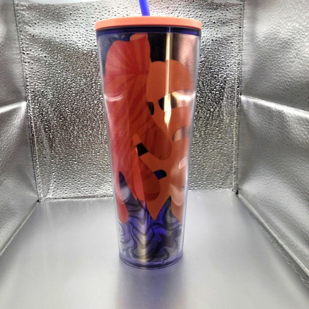 NWT Starbucks 2020 Spring Peach & Purple Palm Mirror Leaf Tumbler
